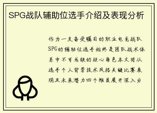 SPG战队辅助位选手介绍及表现分析
